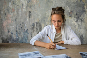 Woman engaging in writing down marketing idea.