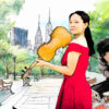 Artists rendition of ShanRong in New York Park with violin.