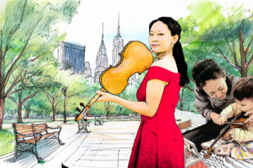 Artists rendition of ShanRong in New York Park with violin.