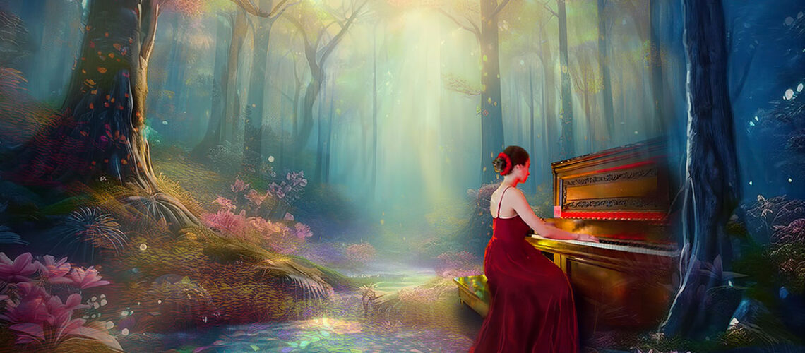 in a mystical forest by a stream