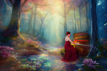 in a mystical forest by a stream