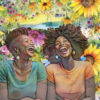 Two women laughing among flowers