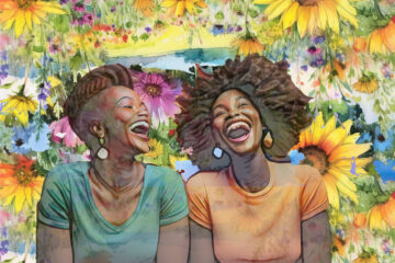 Two women laughing among flowers