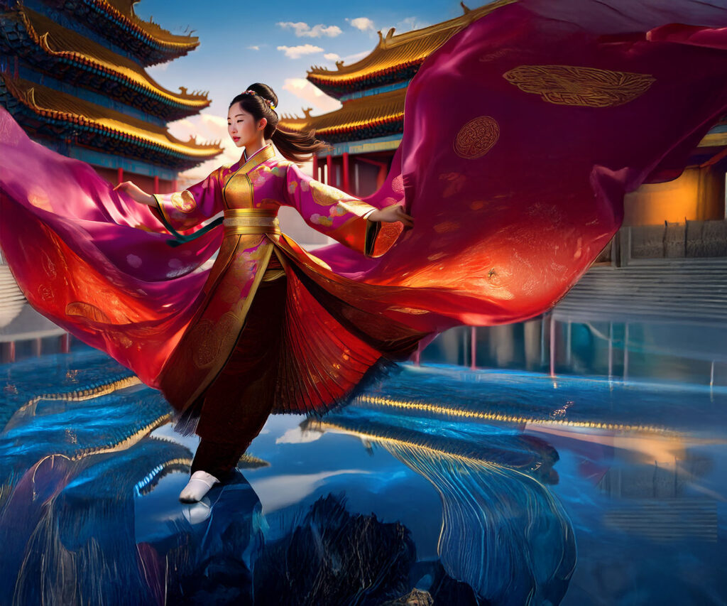 Chinese Dancer on a reflecting pool of blue water.