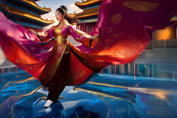 Chinese Dancer in silk gown on a reflecting pool of blue water.