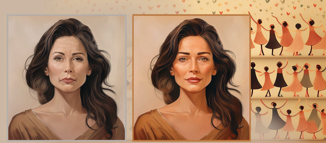 A woman's face from self-doubt to confidence. Gauche painting style.