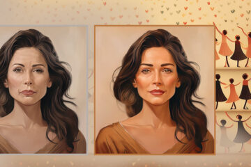 A woman's face from self-doubt to confidence. Gauche painting style.