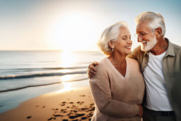 A senior couple enjoying time at a beach.