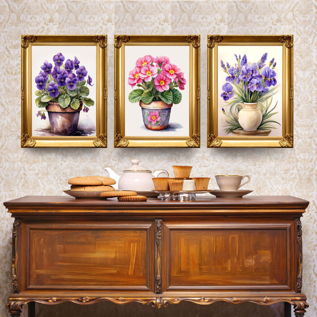 Paintings on a wall of Violets, Primroses and Iris.