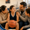 family gathered around a ball.