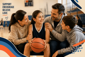 family gathered around a ball.